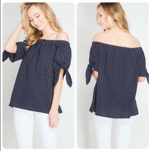 Navy Blue Pinstripe Off-the-Shoulder Top